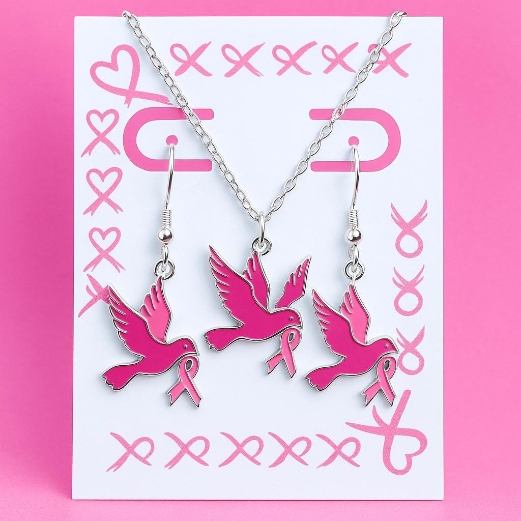 Pink Dove Ribbon Jewelry Set – Breast Cancer Awareness Earrings & Necklace, Survivor Gift, Support Jewelry