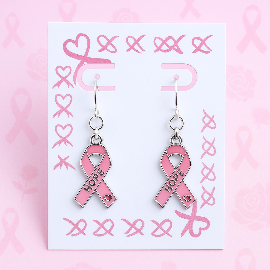 Pink Ribbon HOPE Earrings | Breast Cancer Awareness Jewelry | Survivor Support Gift | Dangle Drop Earrings