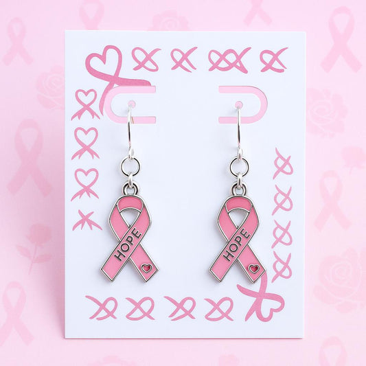 Pink Ribbon HOPE Earrings | Breast Cancer Awareness Jewelry | Survivor Support Gift | Dangle Drop Earrings