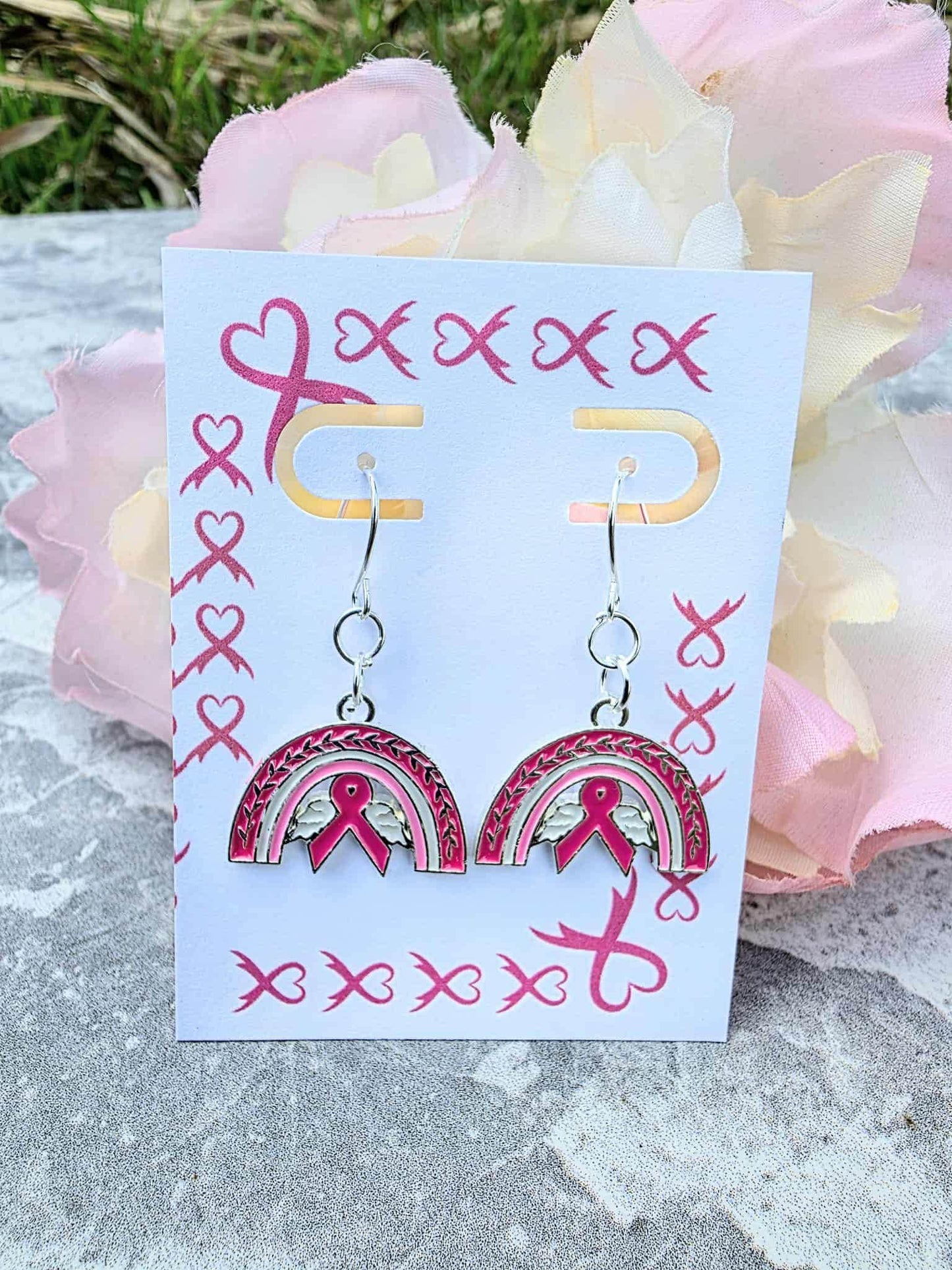 Pink Ribbon Rainbow Earrings – Breast Cancer Awareness Jewelry, Survivor Gift, Support Hope Earrings