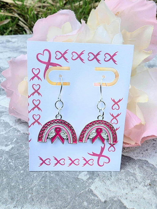 Pink Ribbon Rainbow Earrings – Breast Cancer Awareness Jewelry, Survivor Gift, Support Hope Earrings