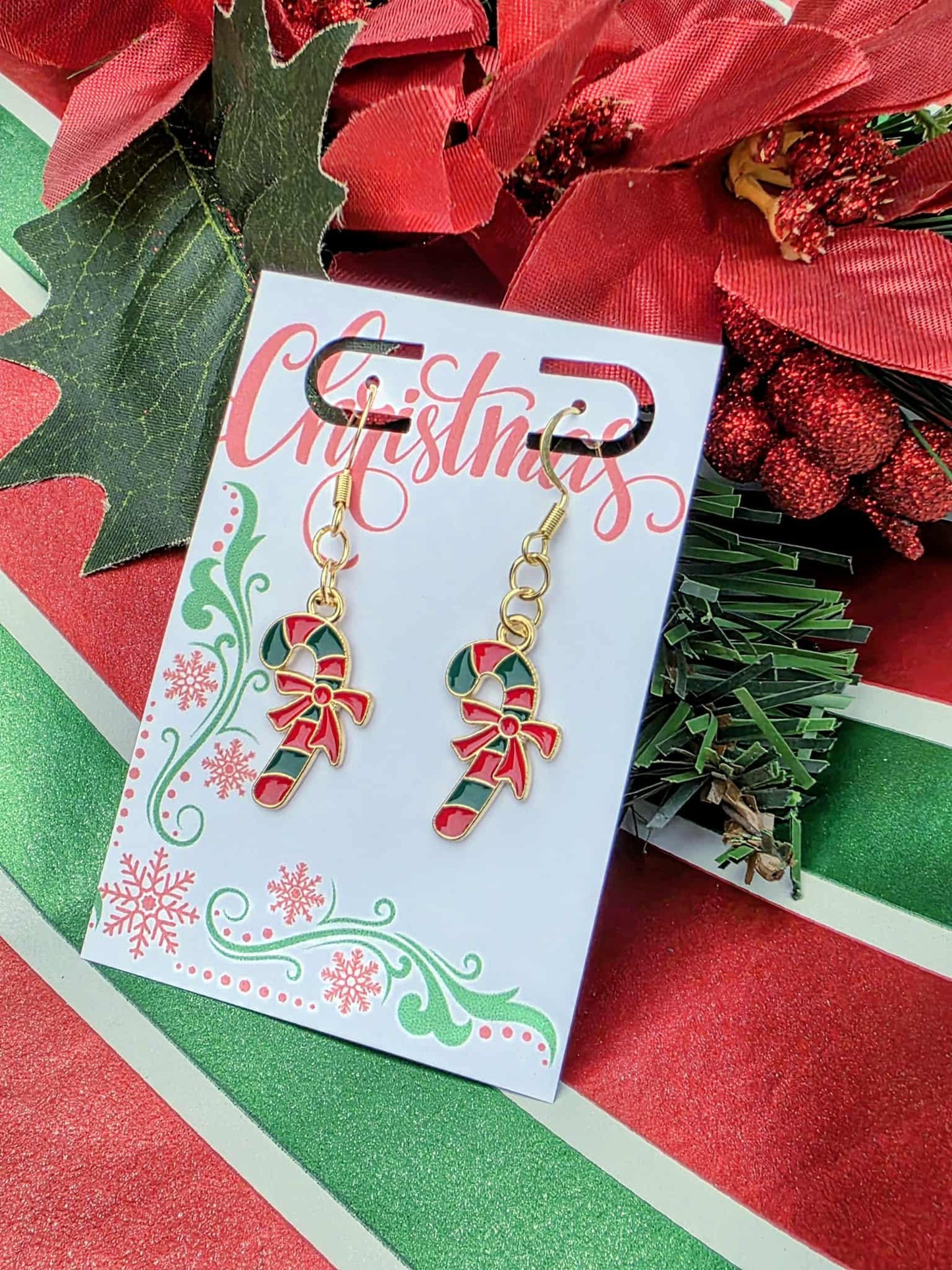 Candy Cane Christmas Earrings • Red & Green Holiday Dangles • Gold Hook Festive Earrings • Gift-Ready Jewelry for Women