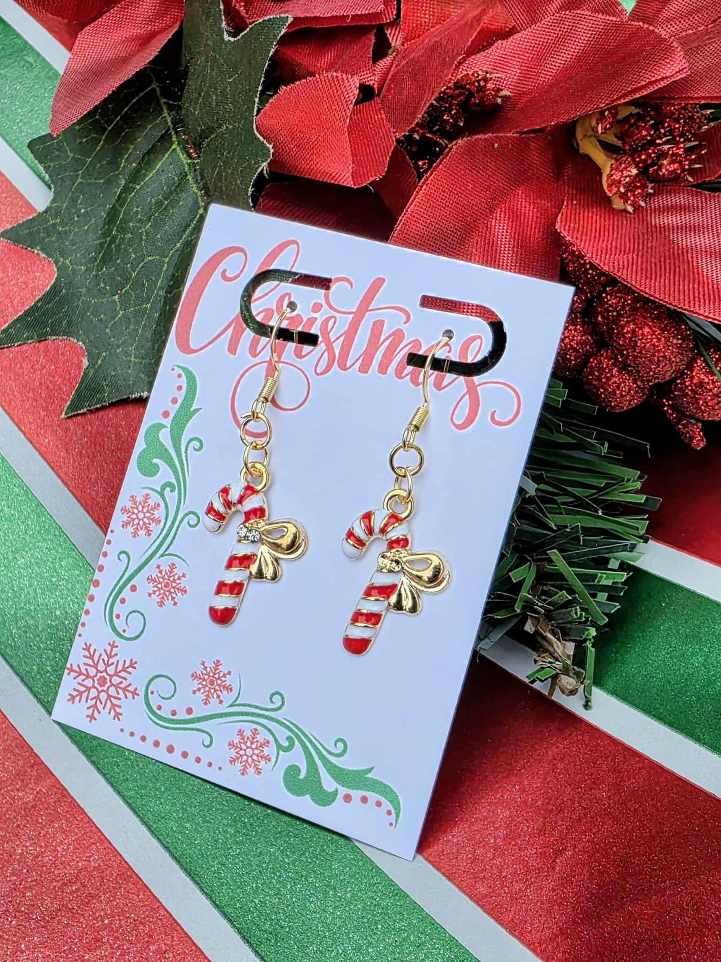 Candy Cane Christmas Earrings • Women's Holiday Dangles • Gold Hook Festive Earrings • Gift-Ready Jewelry for Women