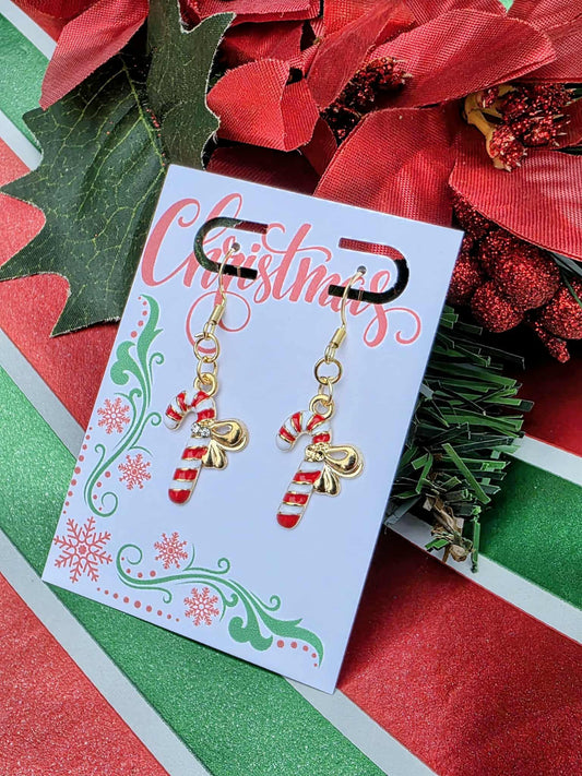 Candy Cane Christmas Earrings • Women's Holiday Dangles • Gold Hook Festive Earrings • Gift-Ready Jewelry for Women