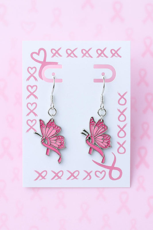 Pink Butterfly Ribbon Earrings – Symbol of Strength & Awareness Jewelry Gift
