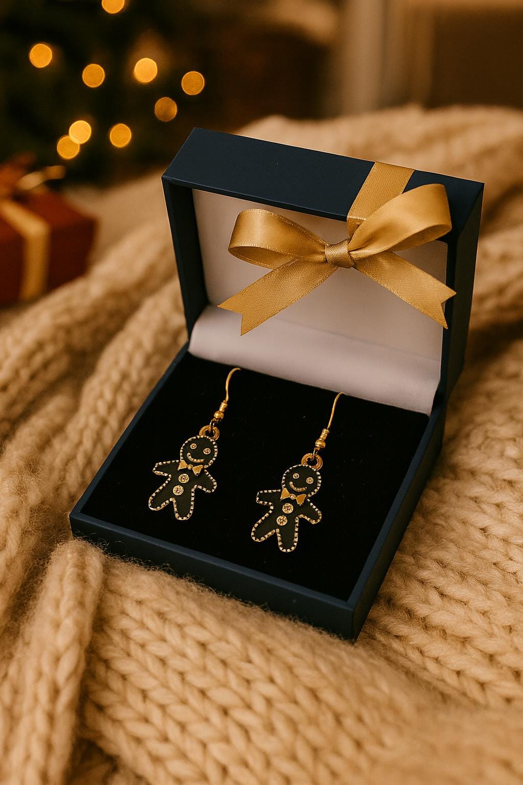 Black Gingerbread Man Earrings & Necklace Set | Holiday Gift-Ready Christmas Jewelry Packaged in Organza Bag – Perfect Stocking Stuffer