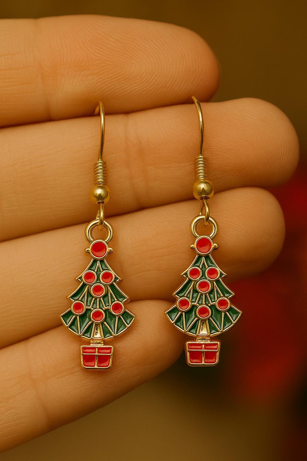 Green & White Christmas Tree Earrings | Red Star Holiday Dangles | 18k Gold Hypoallergenic | Gift-Ready Stocking Stuffer