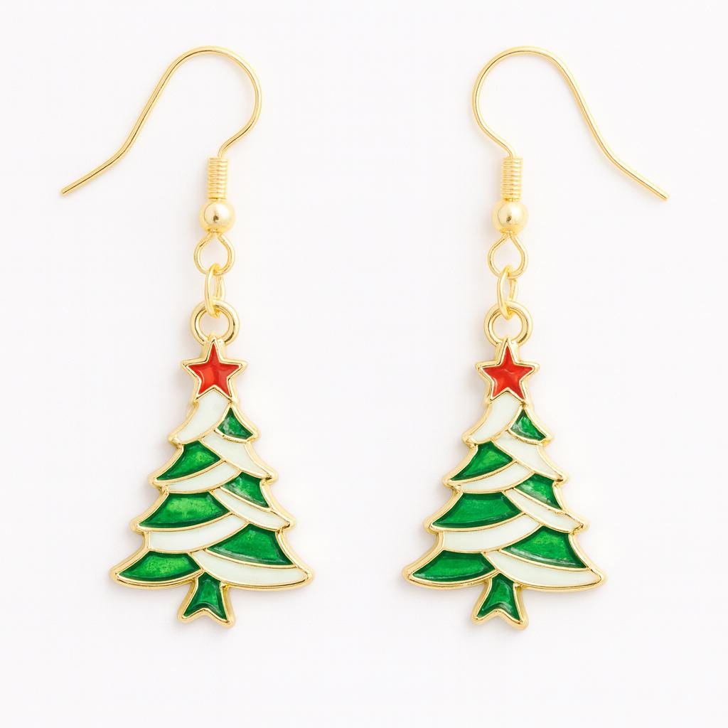 Green & White Christmas Tree Earrings | Red Star Holiday Dangles | 18k Gold Hypoallergenic | Gift-Ready Stocking Stuffer