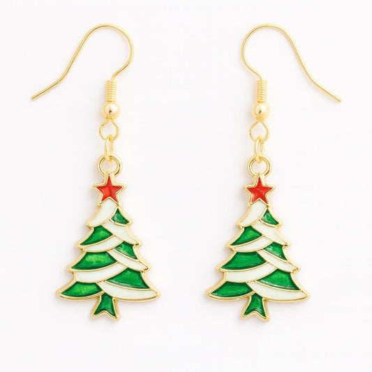 Green & White Christmas Tree Earrings | Red Star Holiday Dangles | 18k Gold Hypoallergenic | Gift-Ready Stocking Stuffer