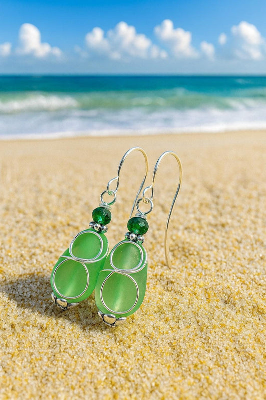 Green Sea Glass Teardrop Earrings: Sterling Silver Dangle Bridal Jewelry