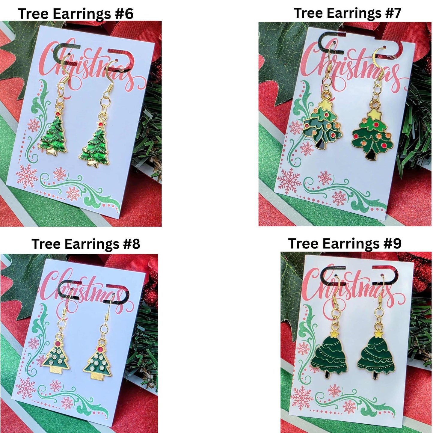 Christmas Tree Earrings | Green Enamel Holiday Dangles with Red Star | Festive Stocking Stuffer Jewelry