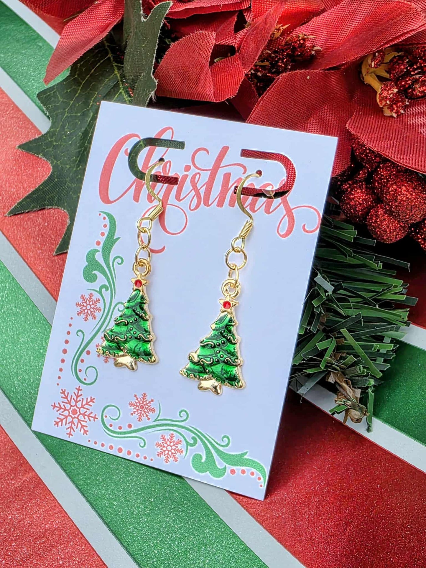 Christmas Tree Earrings | Green Enamel Holiday Dangles with Red Star | Festive Stocking Stuffer Jewelry
