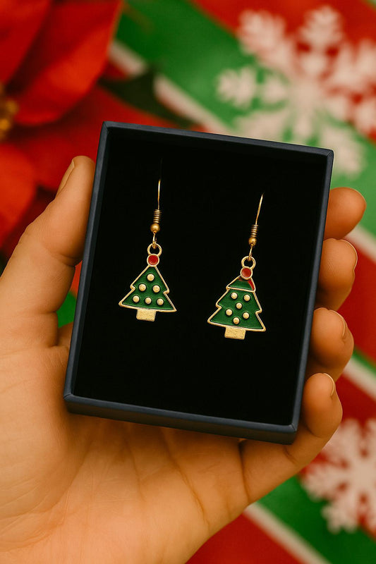 Christmas Tree Earrings – Green Enamel with Gold Hooks | Elegant Party Dangles | Matching 18″ Necklace Available