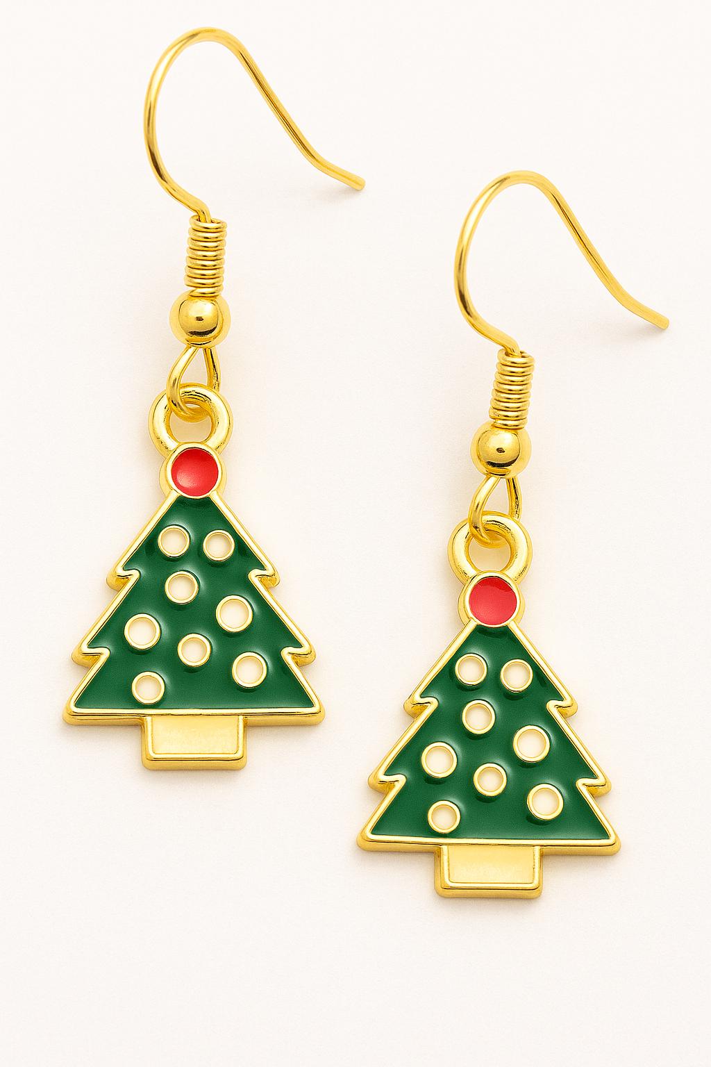 Christmas Tree Earrings – Green Enamel with Gold Hooks | Elegant Party Dangles | Matching 18″ Necklace Available