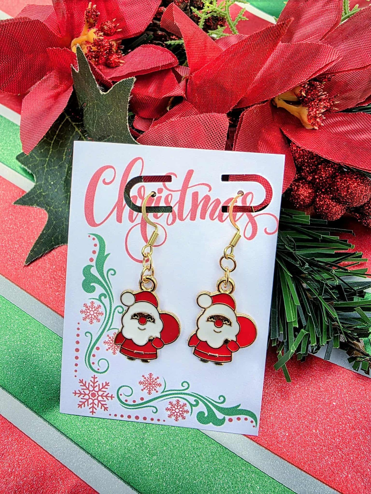 Santa Face Dangle Earrings – Gold-Tone Christmas Enamel Jewelry