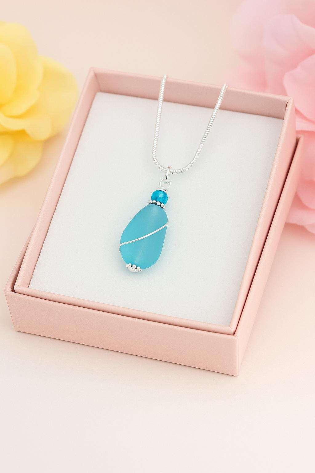 Aqua Sea Glass Pendant Necklace – Dainty Silver Wrapped Ocean-Inspired Jewelry | Beachy Coastal Gift | Handmade Summer Necklace