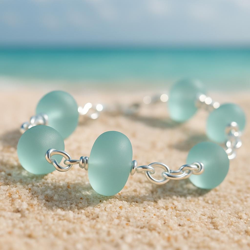 Sea Glass Beaded Chain Bracelet • Coastal Blue Jewelry • Lightweight Everyday Wear