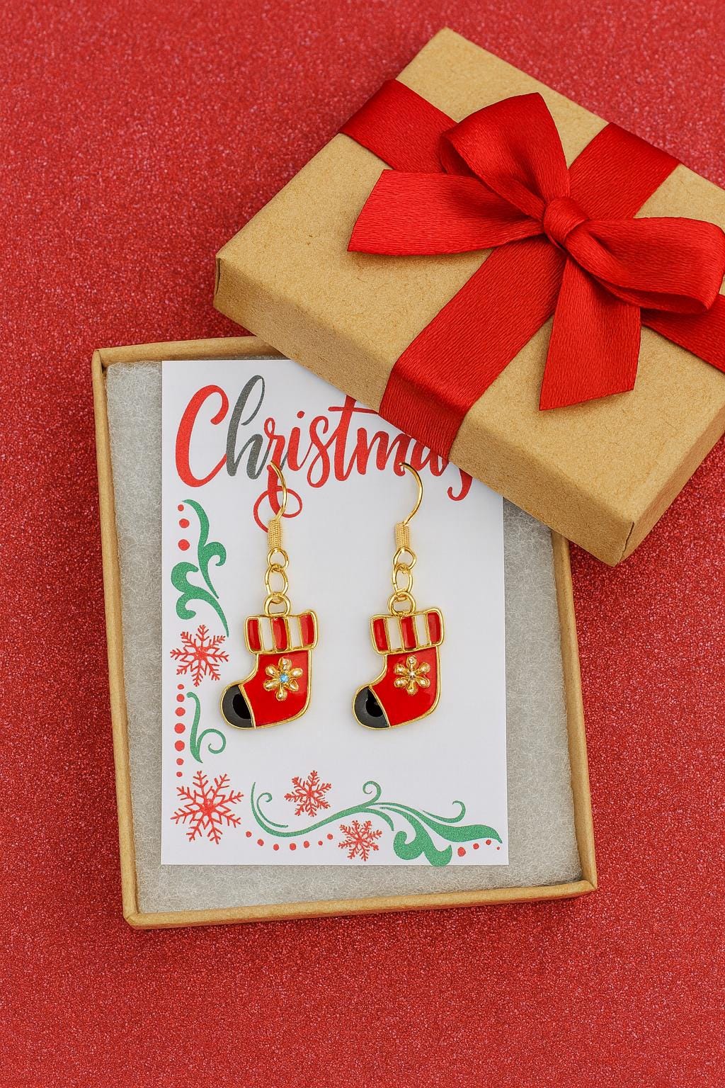 Festive Christmas Mitten Earrings – Red & Gold Holiday Dangle Earrings – Winter Stocking Stuffer Jewelry – Cute Gift for Women