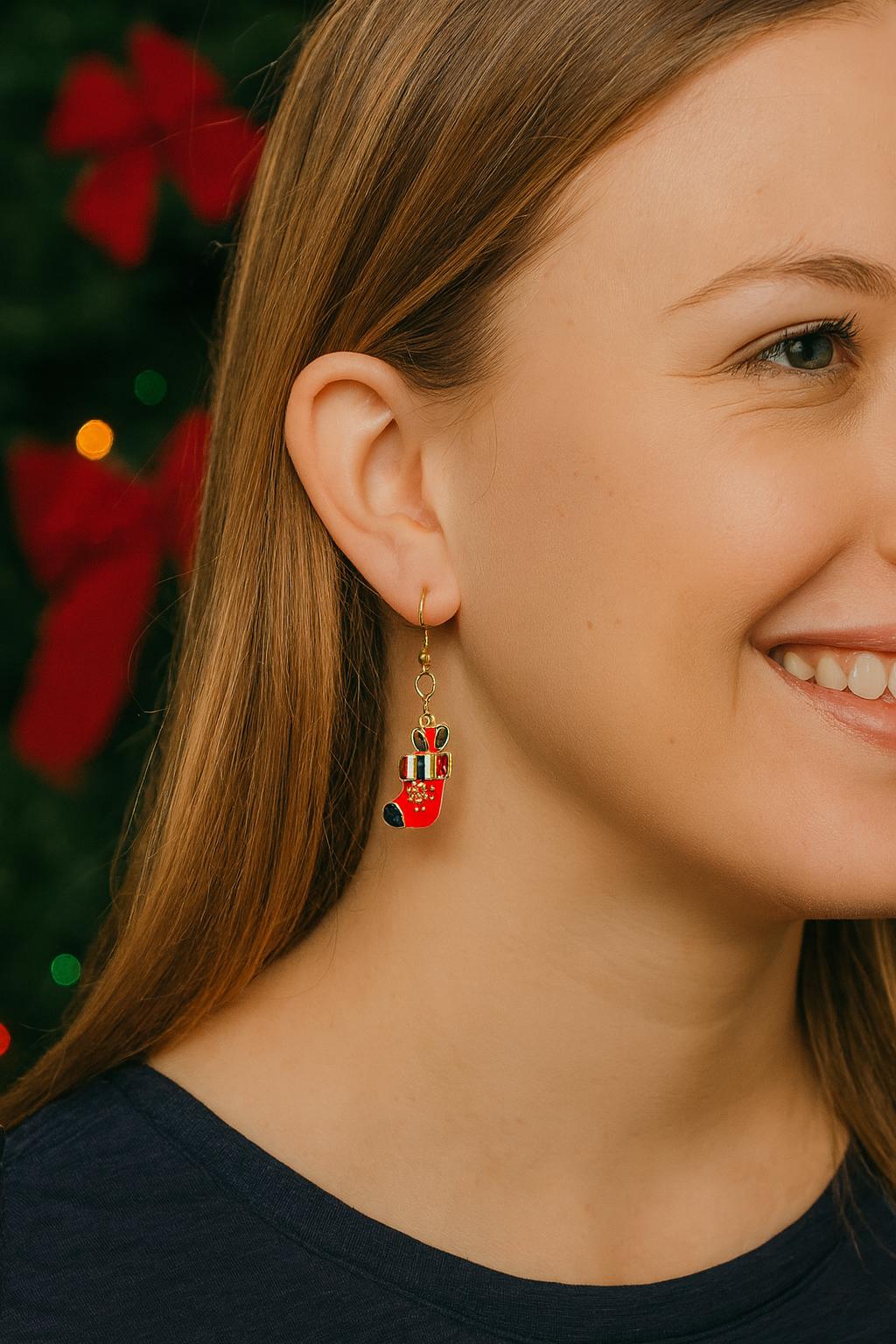 Enamel Christmas Mitten Dangle Earrings – 18K Gold Plated Holiday Jewelry