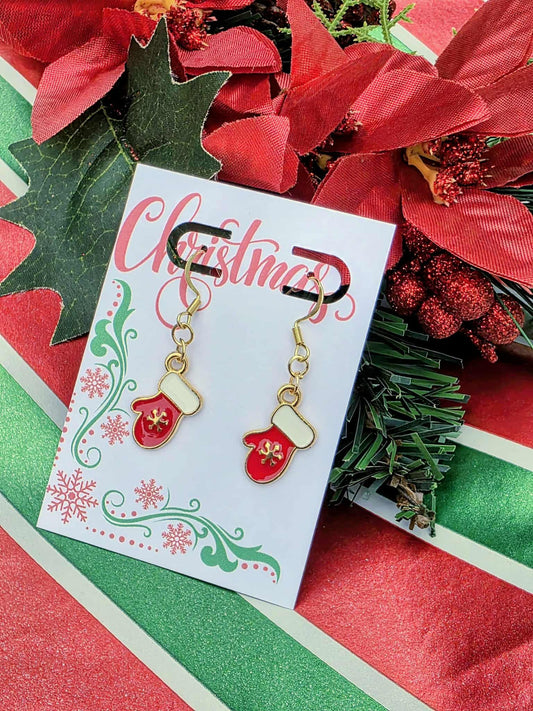 Festive Christmas Mitten Earrings – Red & Gold Holiday Dangle Earrings – Winter Stocking Stuffer Jewelry – Cute Gift for Women