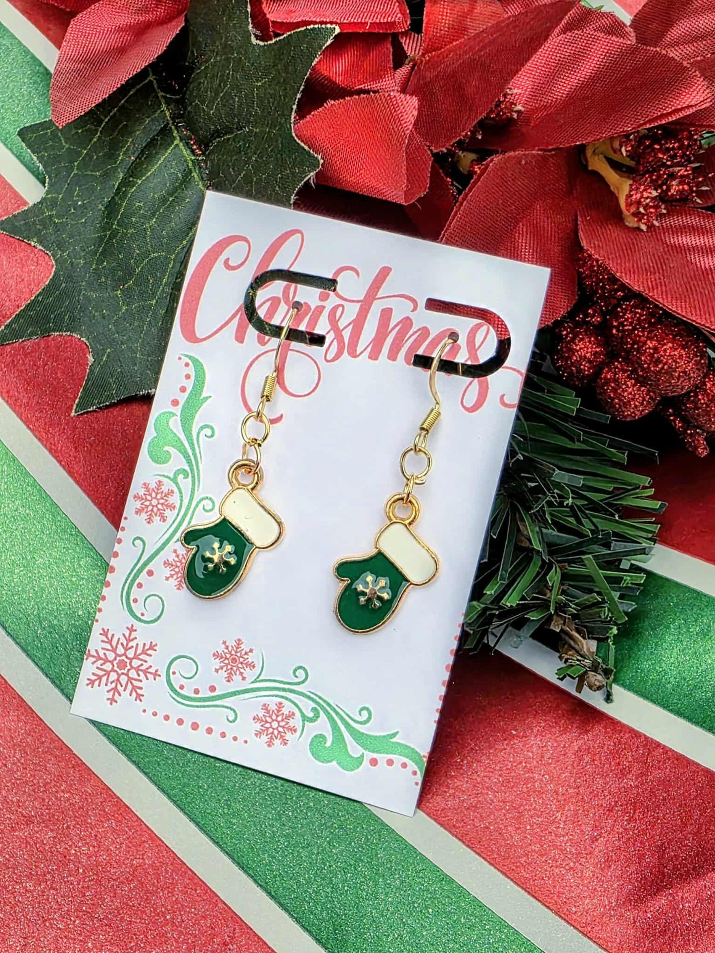 Festive Christmas Mitten Earrings – Green & Gold Holiday Dangle Earrings – Winter Stocking Stuffer Jewelry – Cute Gift for Women