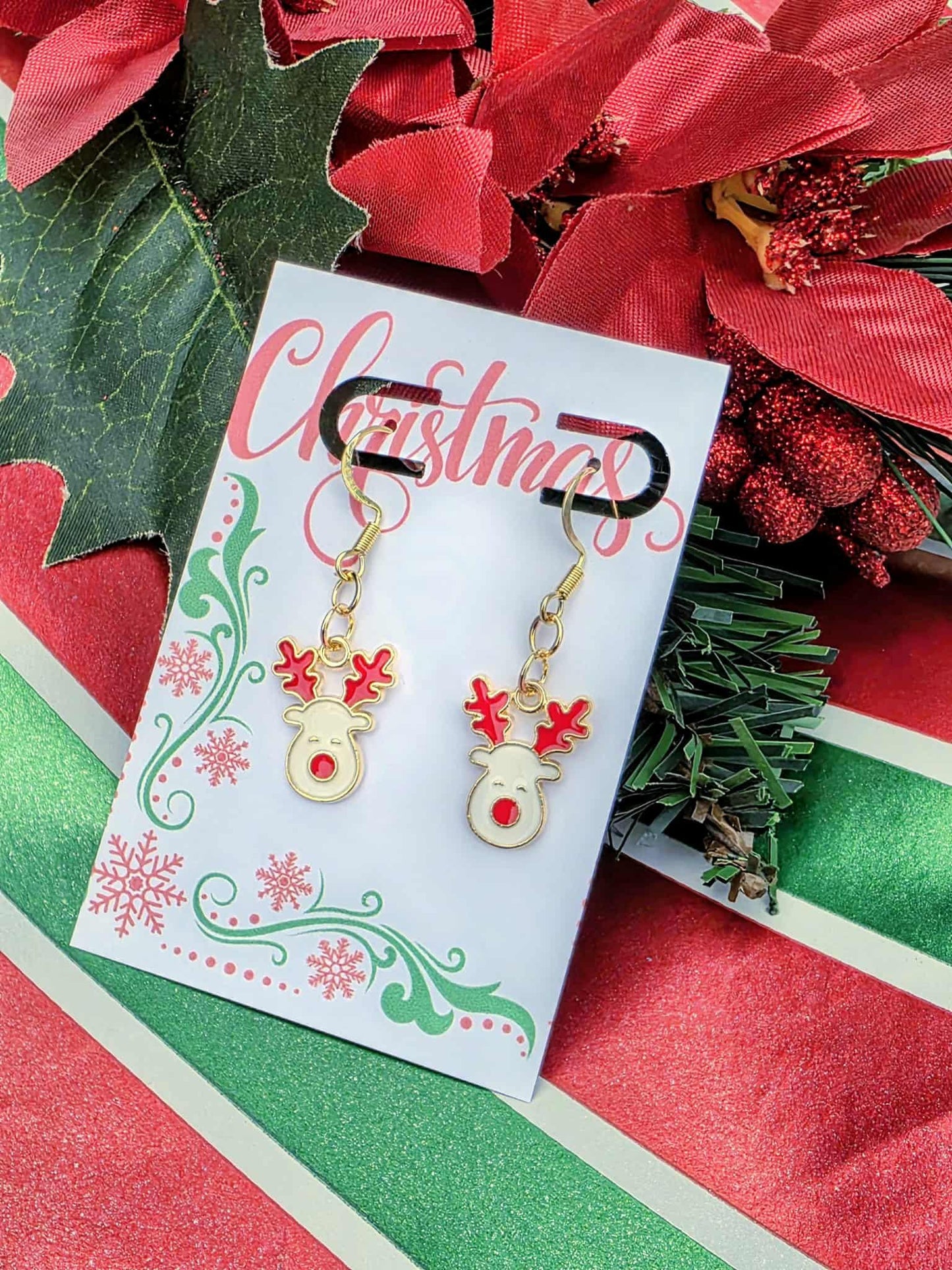 Adorable Rudolph Reindeer Dangle Earrings – Festive Gold & Red Christmas Holiday Jewelry Gift for Her, Xmas Necklace Set