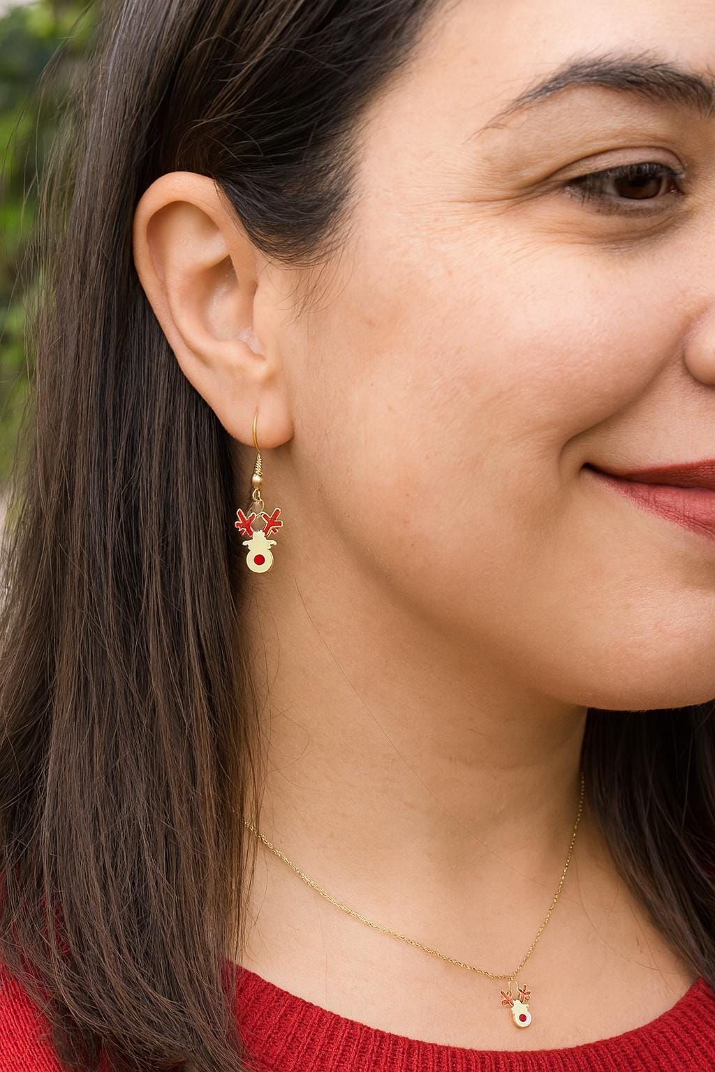 Rudolph Reindeer Christmas Earrings • Holiday Dangle Earrings • Cute Reindeer Jewelry Gift • Festive Xmas Earrings for Women
