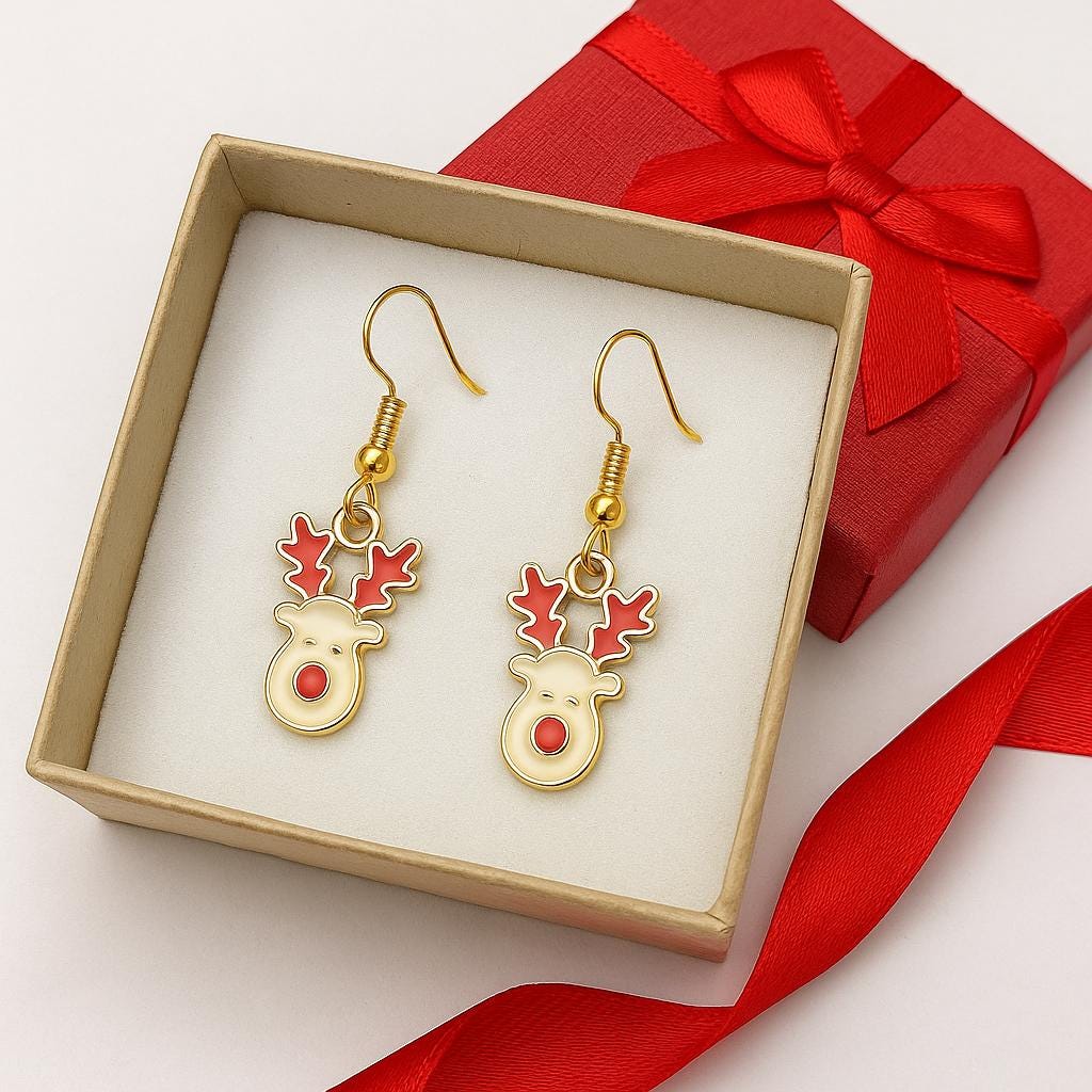 Adorable Rudolph Reindeer Dangle Earrings – Festive Gold & Red Christmas Holiday Jewelry Gift for Her, Xmas Necklace Set