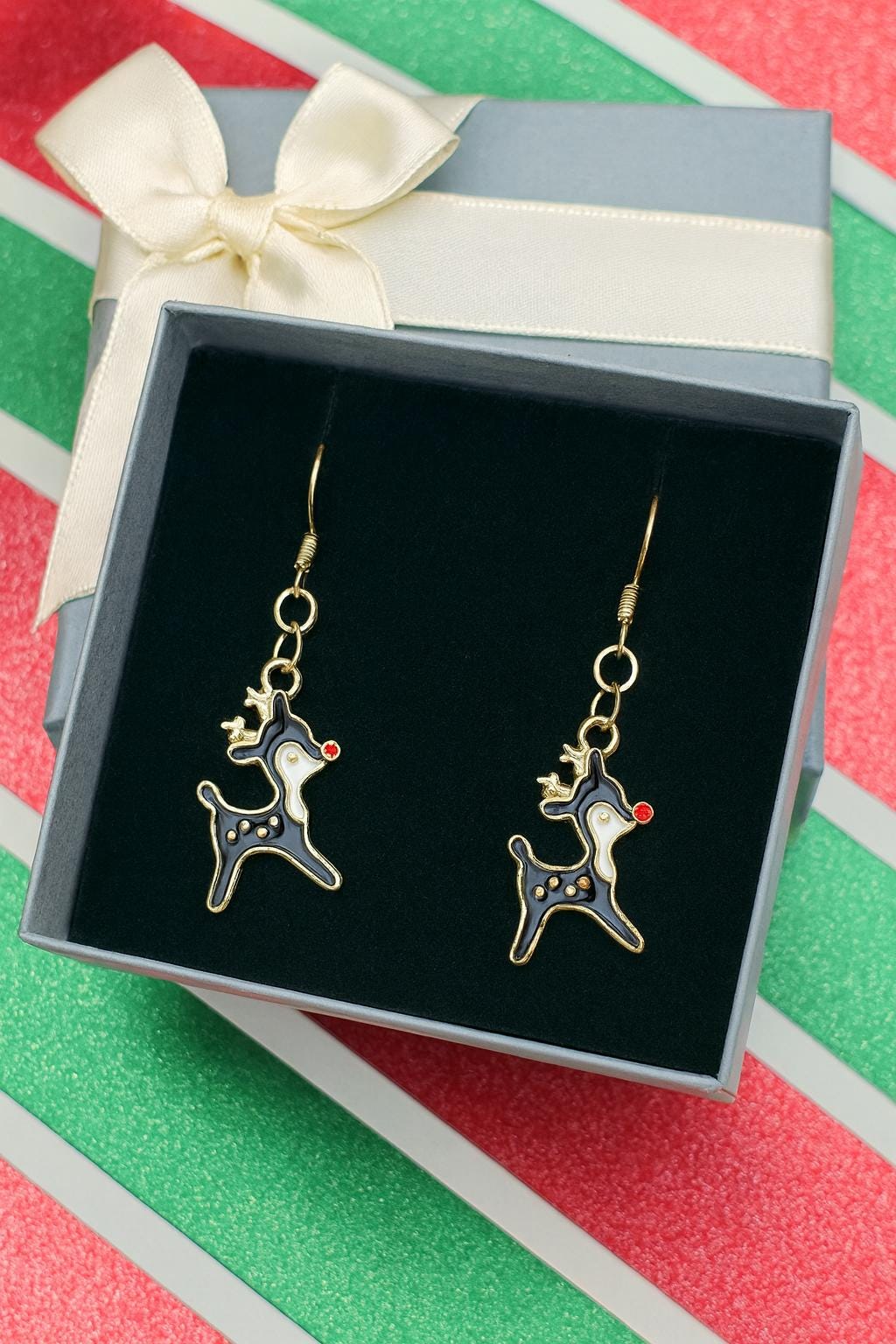 Festive Reindeer Dangle Earrings – Gold & Black Holiday Christmas Jewelry with Red Nose Charm