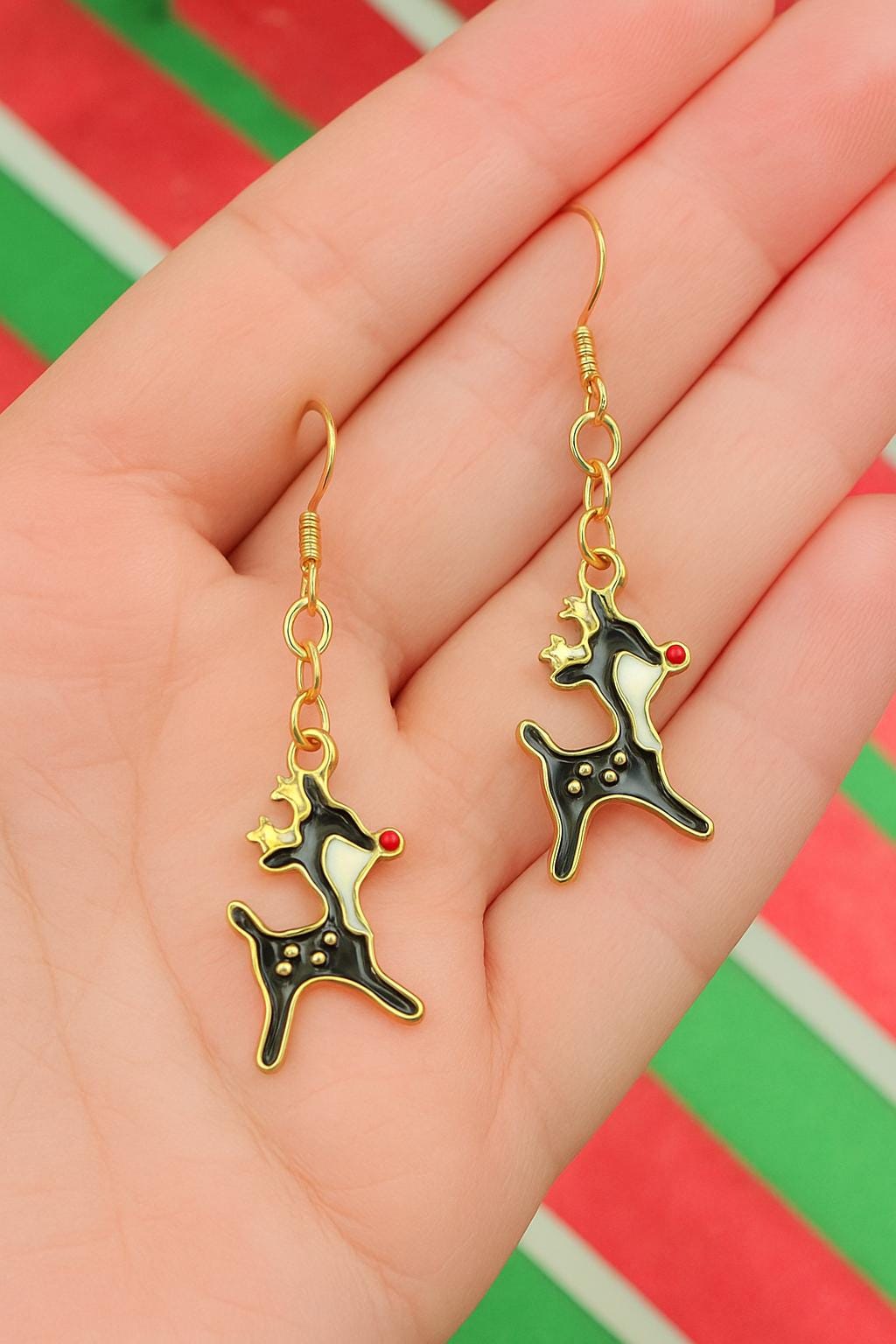 Festive Reindeer Dangle Earrings – Gold & Black Holiday Christmas Jewelry with Red Nose Charm