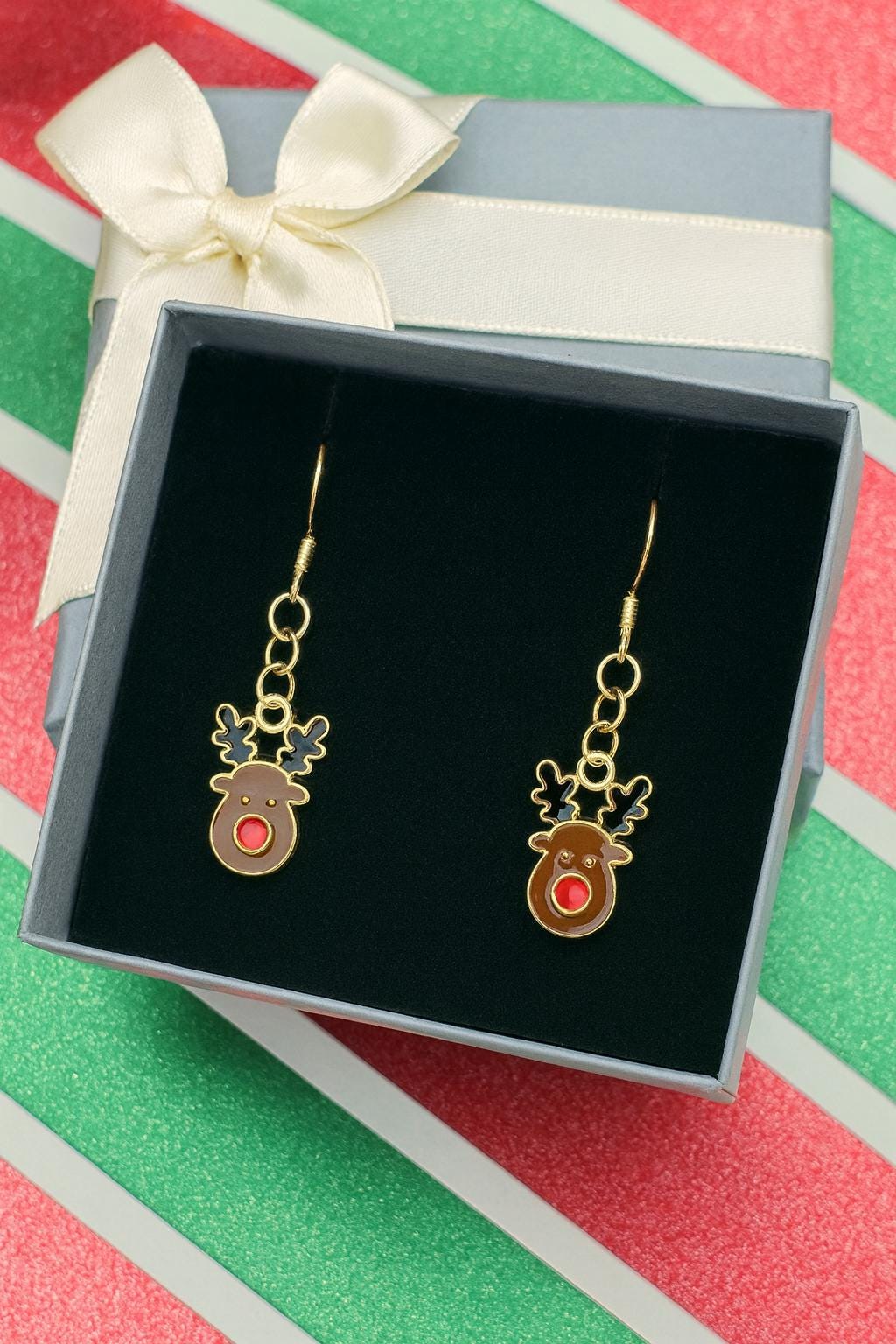 Holiday Reindeer Jewelry Set – Festive Gold Dangle Earrings & Matching Christmas Pendant Necklace with Red Nose Charm