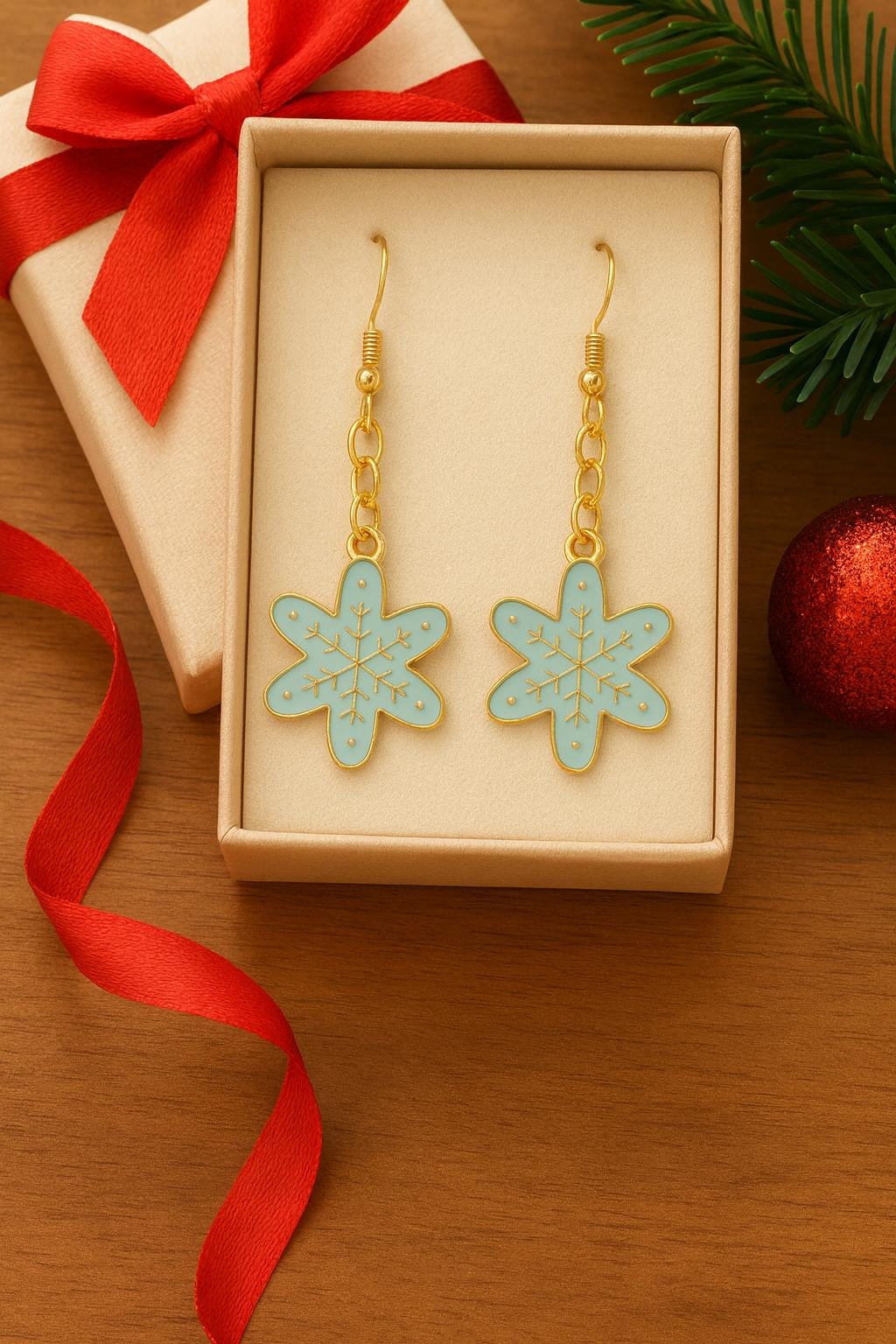 Gold Snowflake Dangle Earrings – Christmas Holiday Jewelry Gift for Women – Festive Winter Drop Earrings – Sparkly Seasonal Snowflake Charm