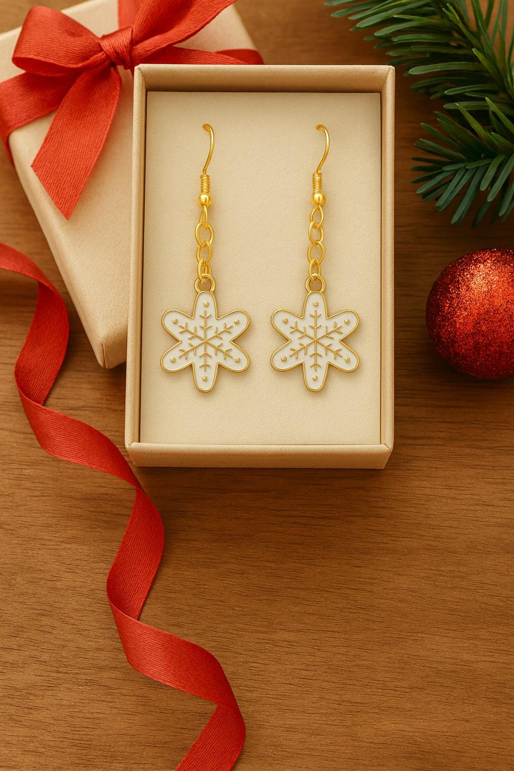White Snowflake Jewelry Set – Holiday Earrings & Matching Necklace – Elegant Winter Christmas Gift for Women