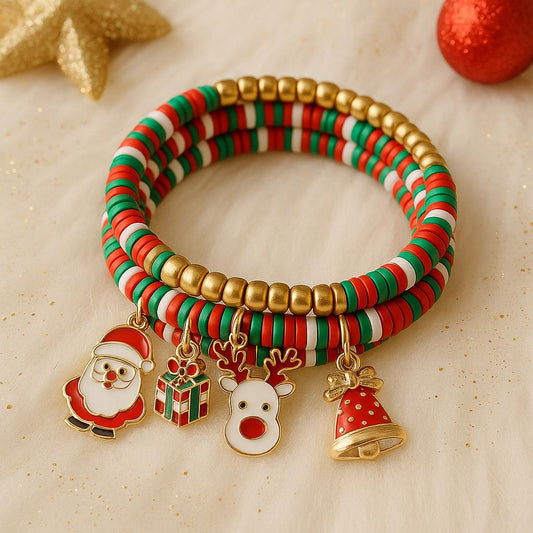 Christmas Stackable Stretch Bracelet Set | 4pc Holiday Heishi Bead Bracelet | Gold Santa Reindeer Gift Jewelry | Festive Gift For Her