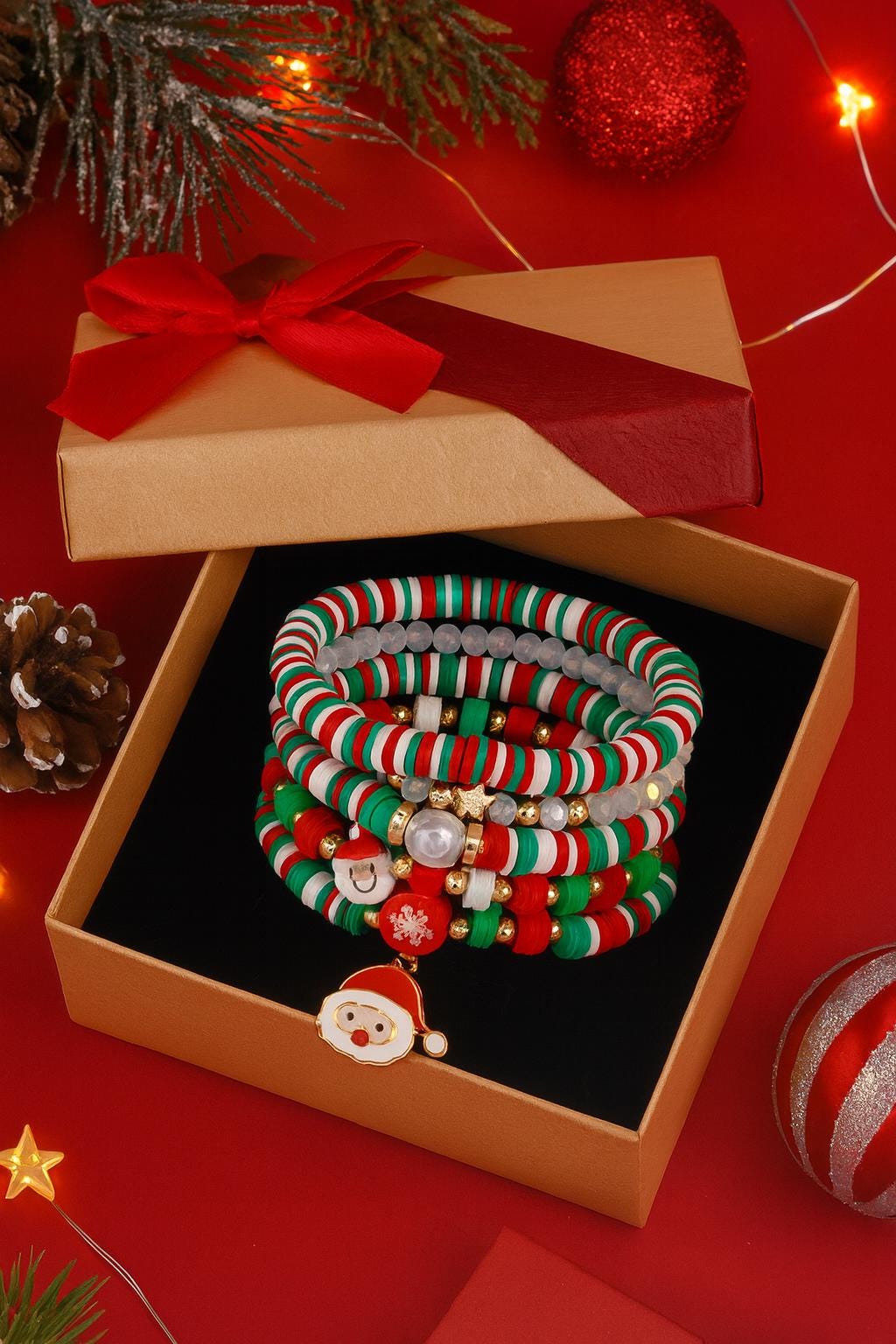 Christmas Stackable Stretch Bracelet Set | 6pc Set Holiday Bead Bracelet | Gold Santa Xmas Gift Jewelry | Festive Women’s Accessory
