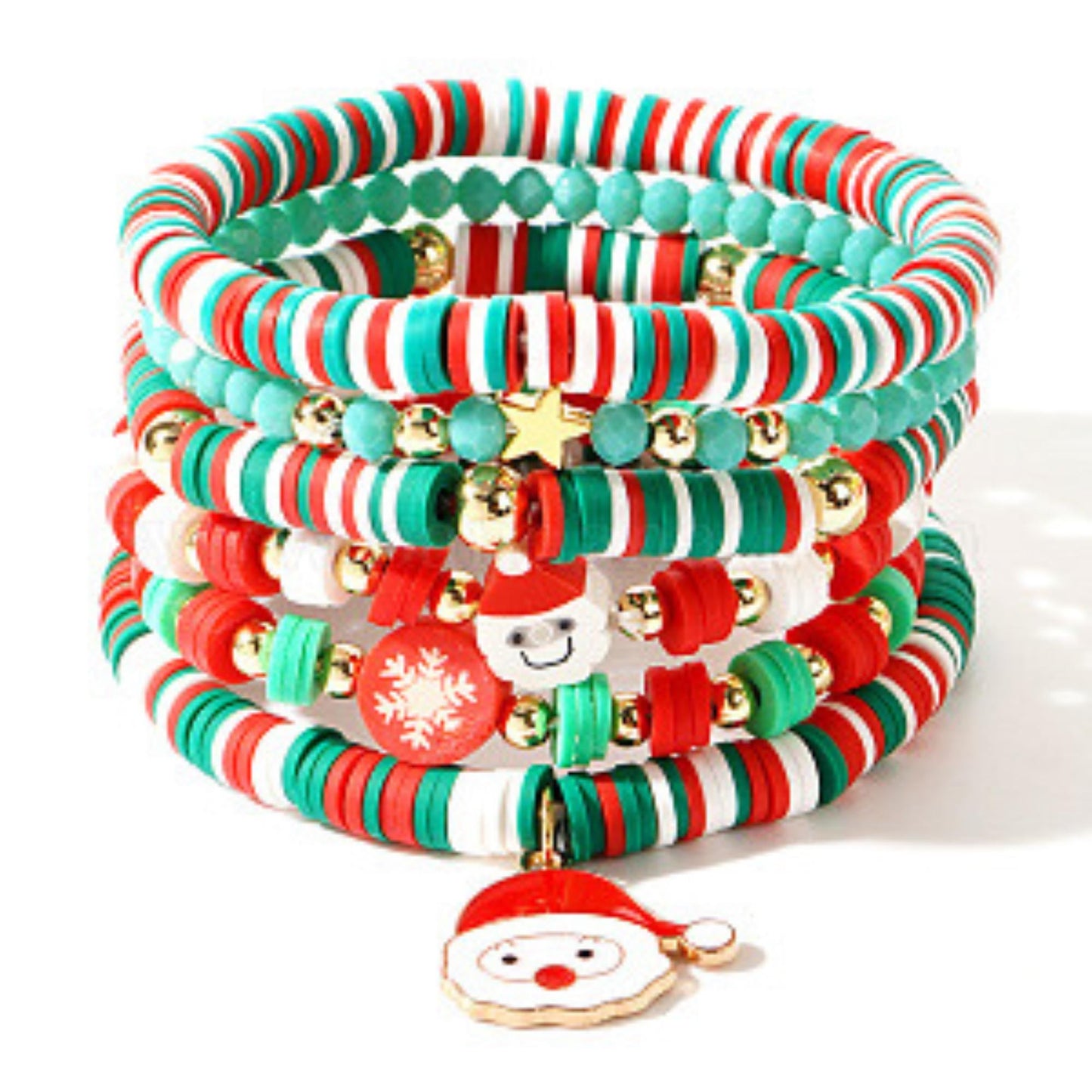 Christmas Stackable Stretch Bracelet Set | 6pc Set Holiday Bead Bracelet | Gold Santa Xmas Gift Jewelry | Festive Women’s Accessory