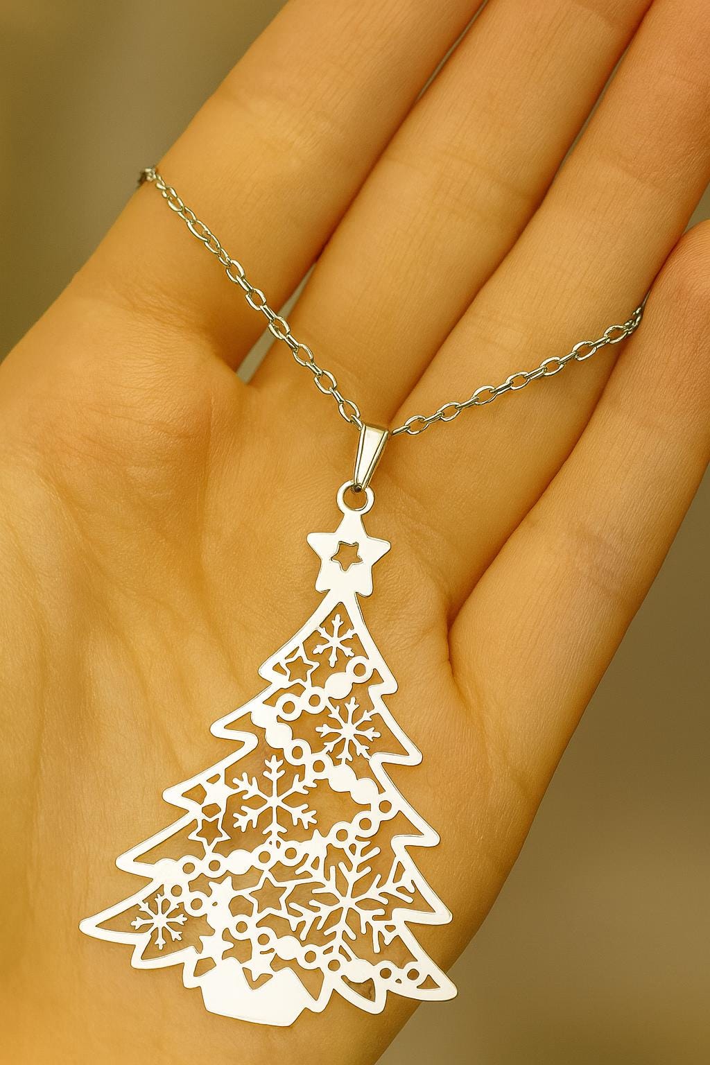 Festive Christmas Necklace Gift for Her | Silver Tree Pendant | Non-Tarnish Stainless Steel Holiday Jewelry | Winter Accessory
