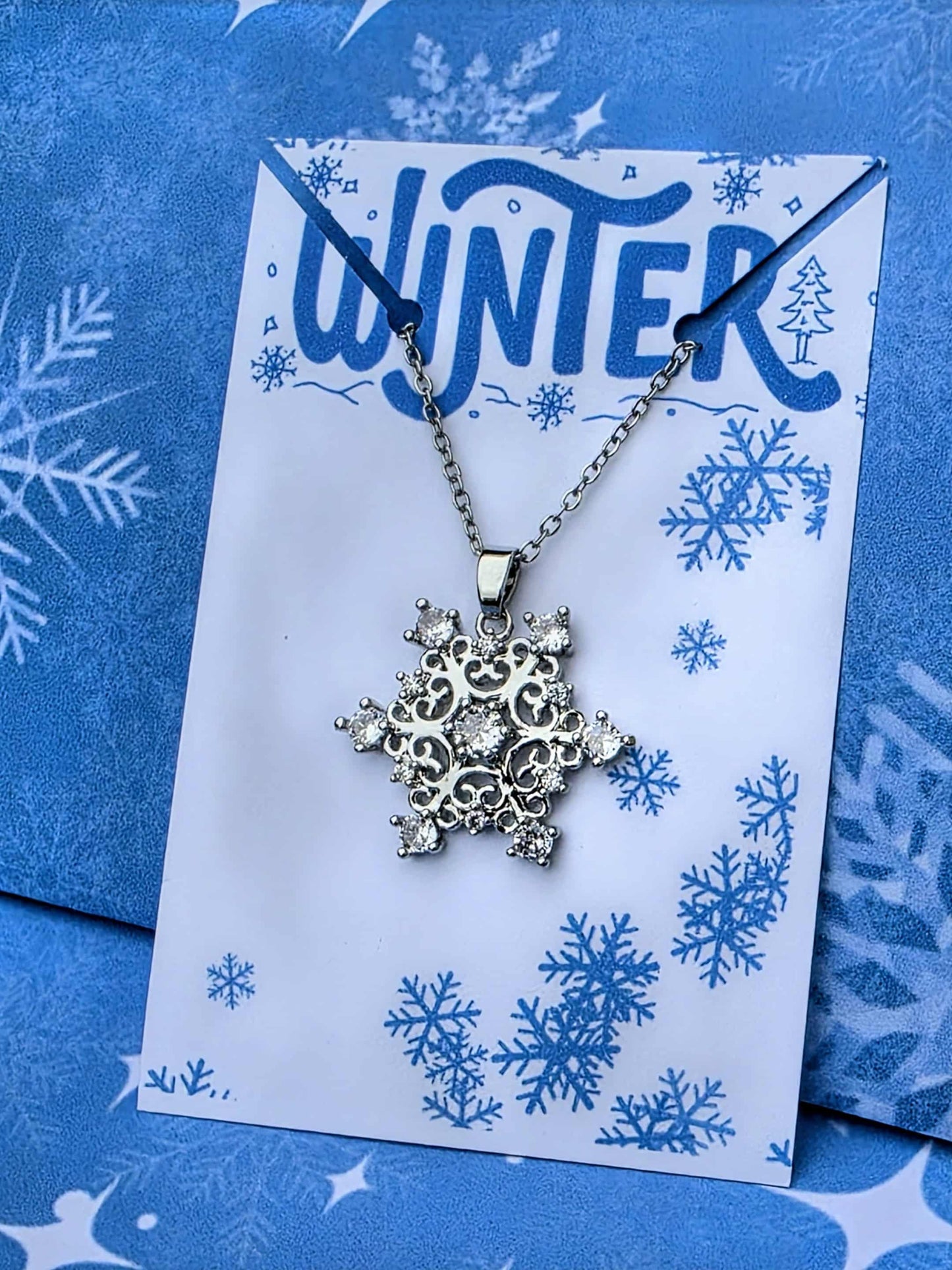 Crystal Snowflake Pendant – Stainless Steel Winter Necklace
