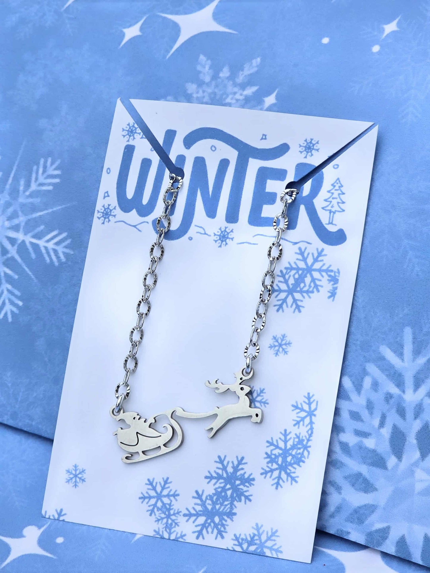 Silver Santa Sleigh Reindeer Necklace – Holiday Charm Pendant