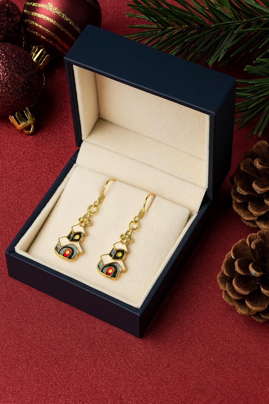 18K Gold Christmas Church Earrings – Elegant Holiday Dangle Earrings | Enamel Christmas House Jewelry Gift for Women