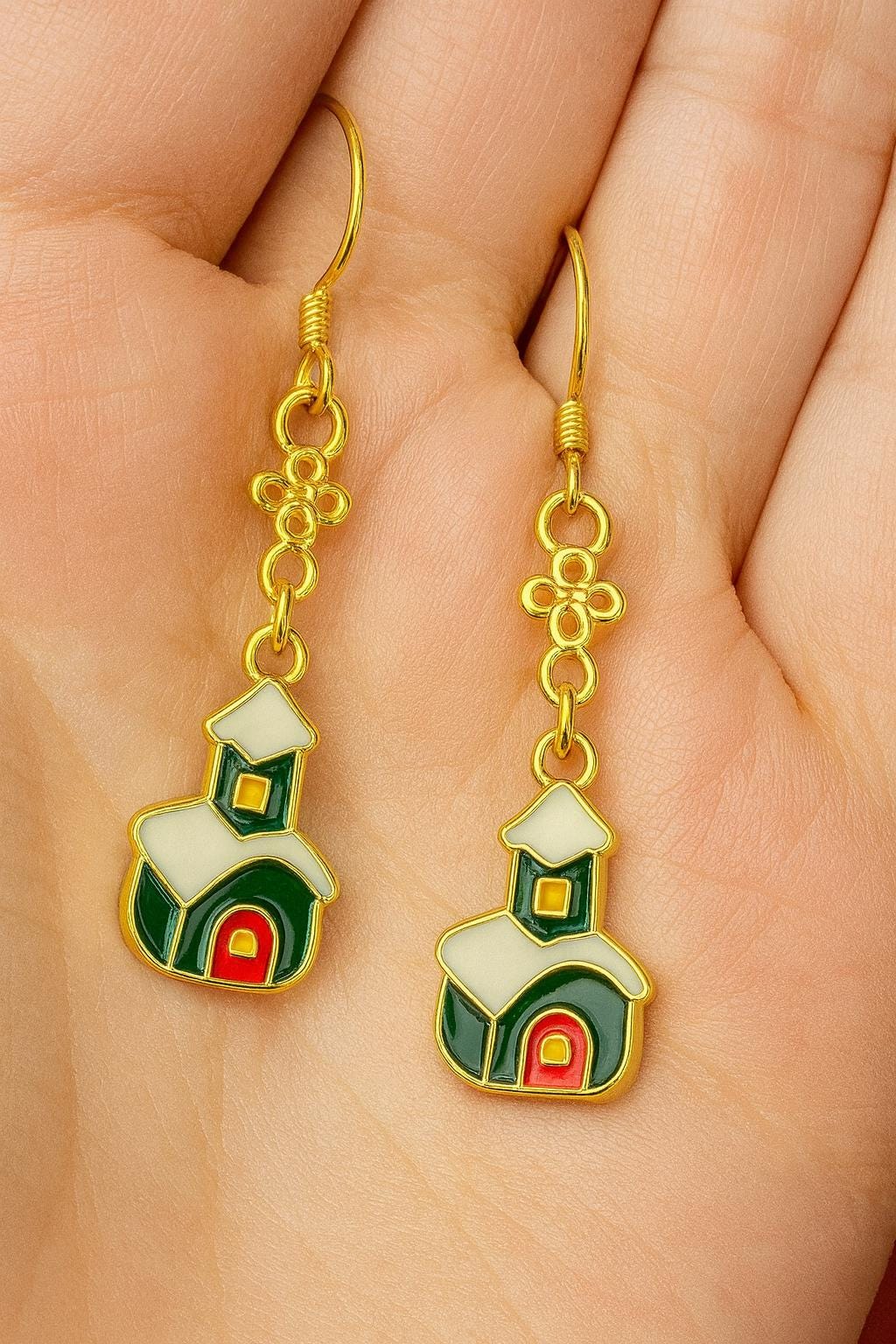 18K Gold Christmas Church Earrings – Elegant Holiday Dangle Earrings | Enamel Christmas House Jewelry Gift for Women