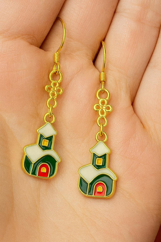 18K Gold Christmas Church Earrings – Elegant Holiday Dangle Earrings | Enamel Christmas House Jewelry Gift for Women