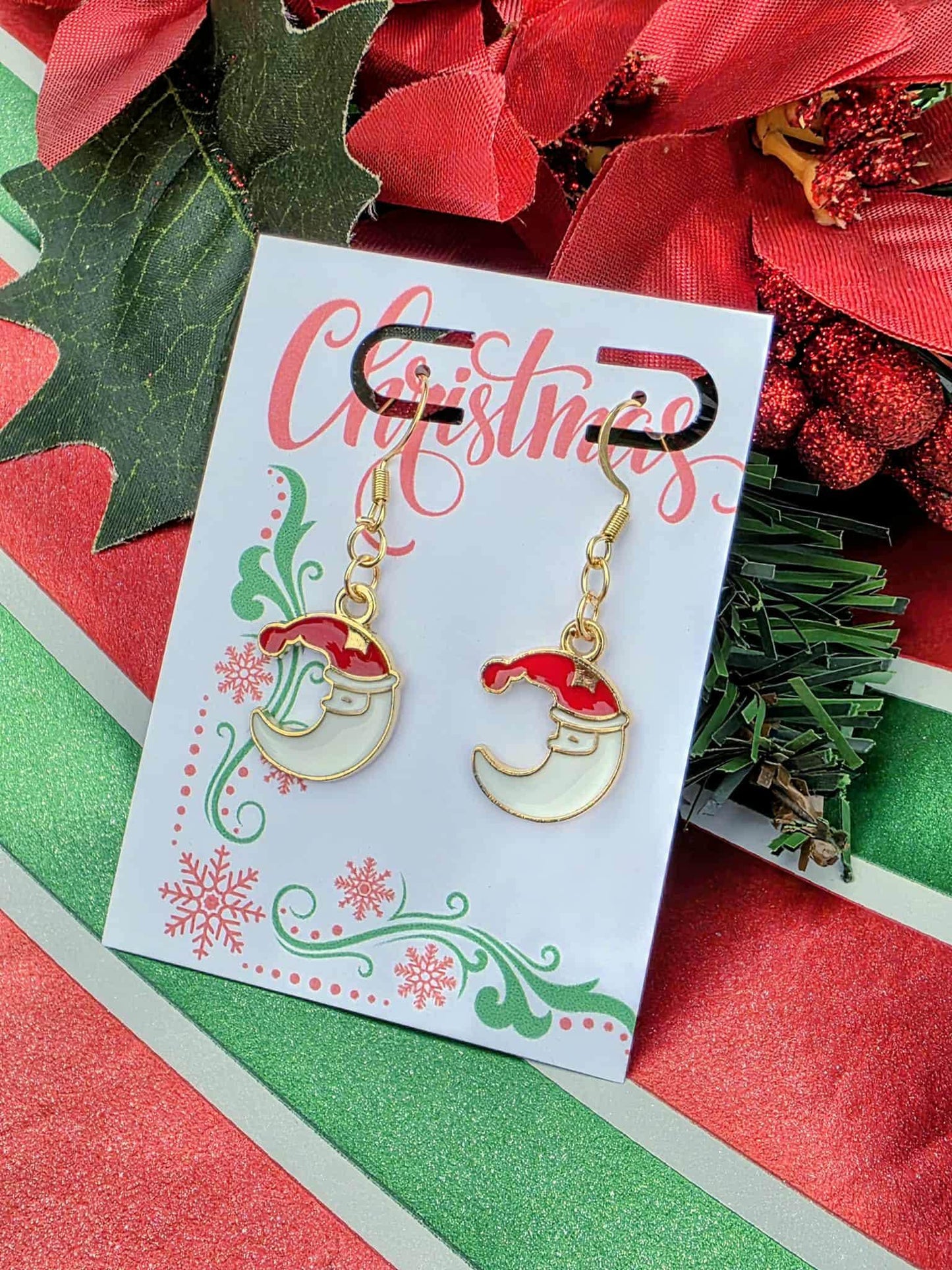 Santa Moon Earrings – Festive Gold Holiday Dangle Earrings | Christmas Crescent Moon Jewelry Gift for Her