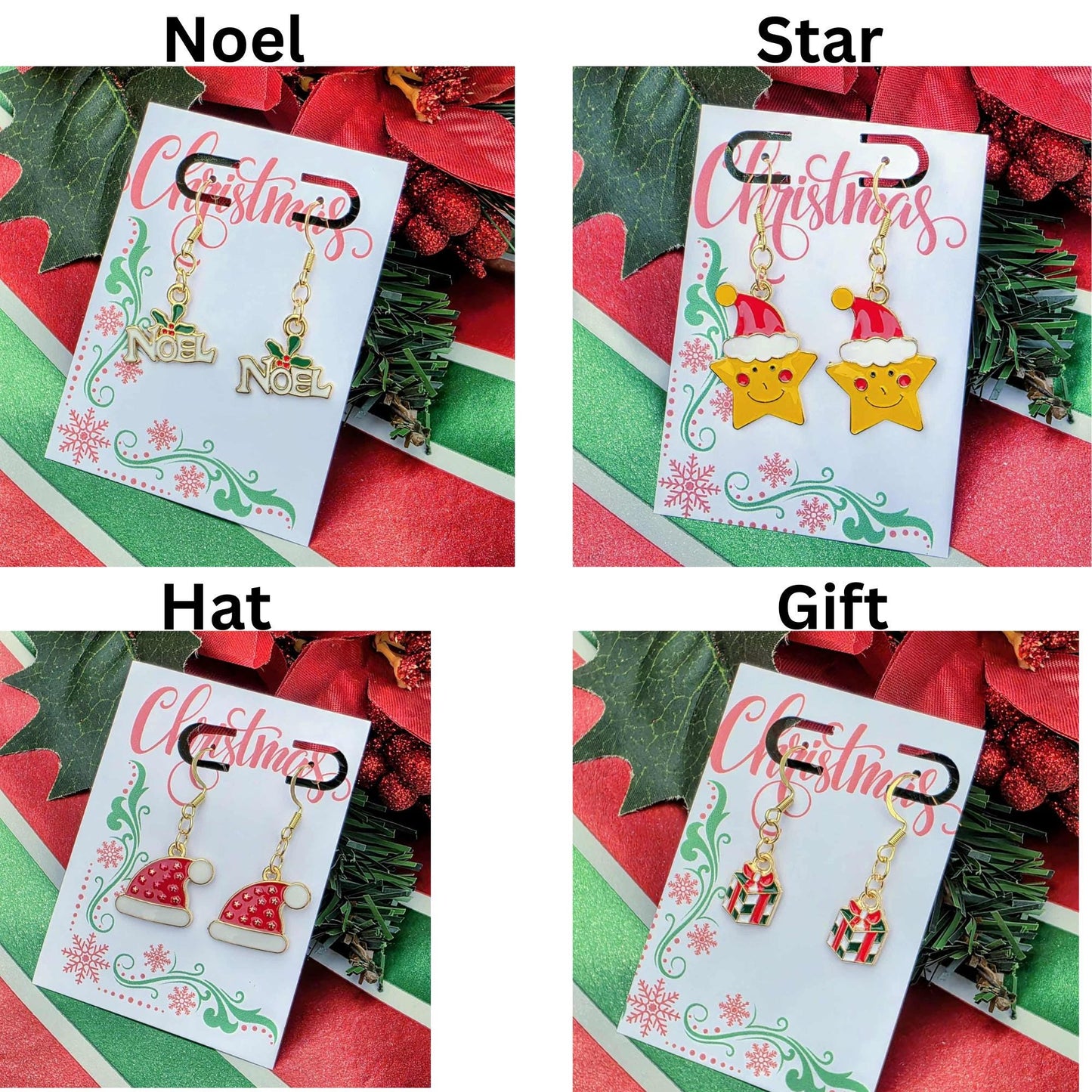 Noel Christmas Dangle Earrings – Gold Tone, Holly Leaves