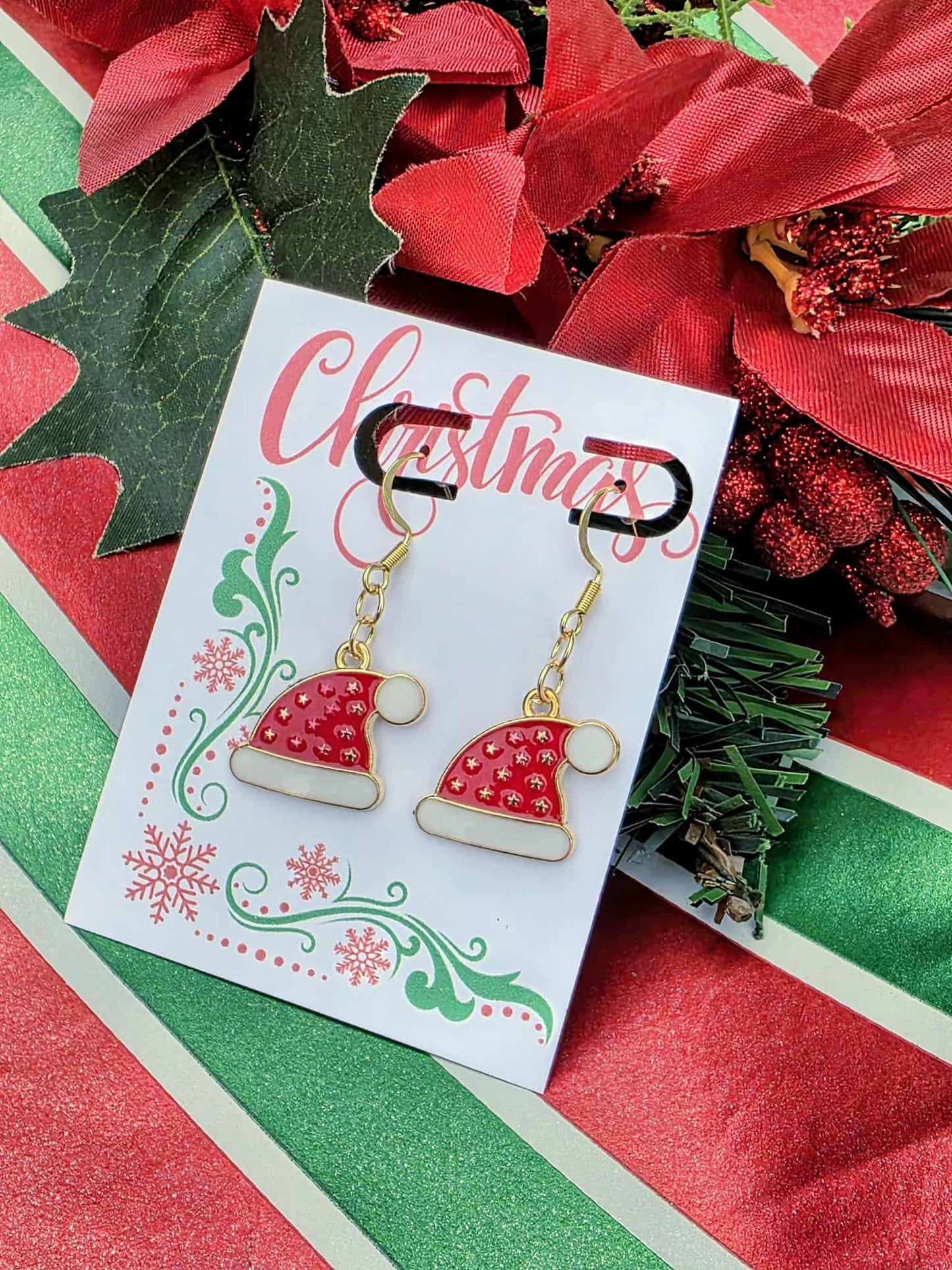 18K Gold Santa Hat Earrings – Festive Red Enamel Christmas Dangle Earrings | Elegant Holiday Jewelry Gift for Women