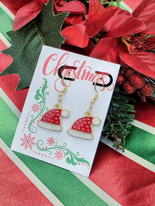 18K Gold Santa Hat Earrings – Festive Red Enamel Christmas Dangle Earrings | Elegant Holiday Jewelry Gift for Women