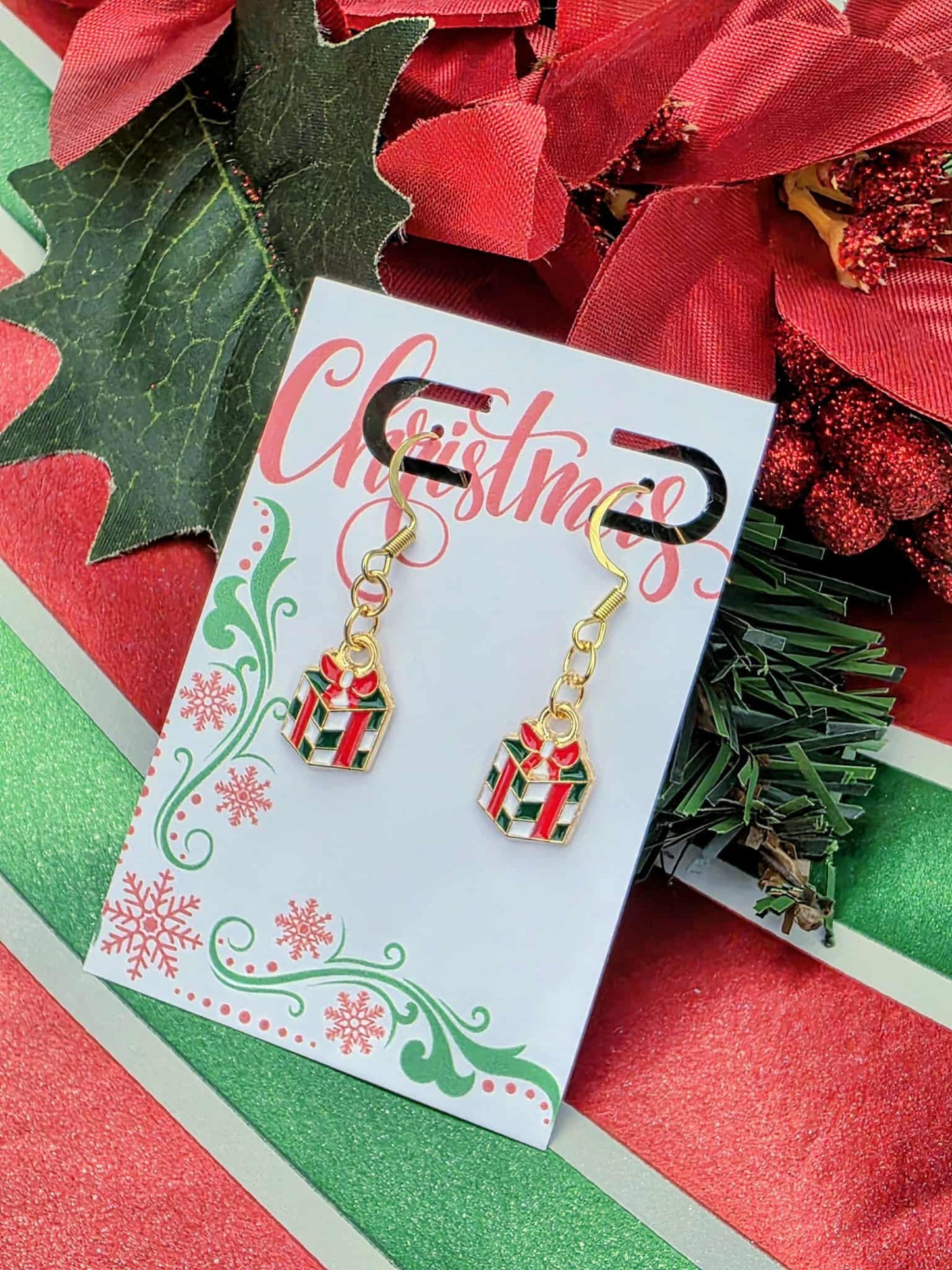 18K Gold Christmas Gift Box Earrings – Red & Green Enamel Holiday Dangle Earrings | Elegant Festive Jewelry Gift for Women