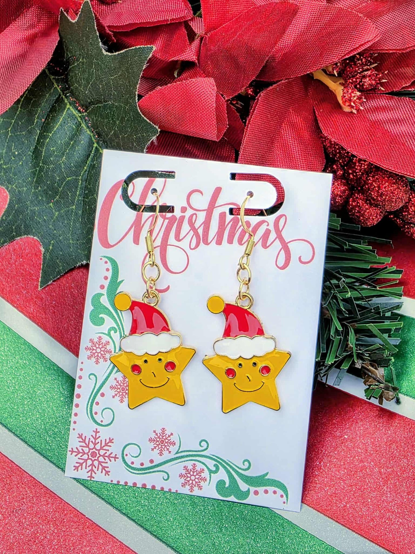 18K Gold Santa Star Earrings – Cute Christmas Dangle Earrings | Festive Holiday Jewelry Gift for Women & Teens
