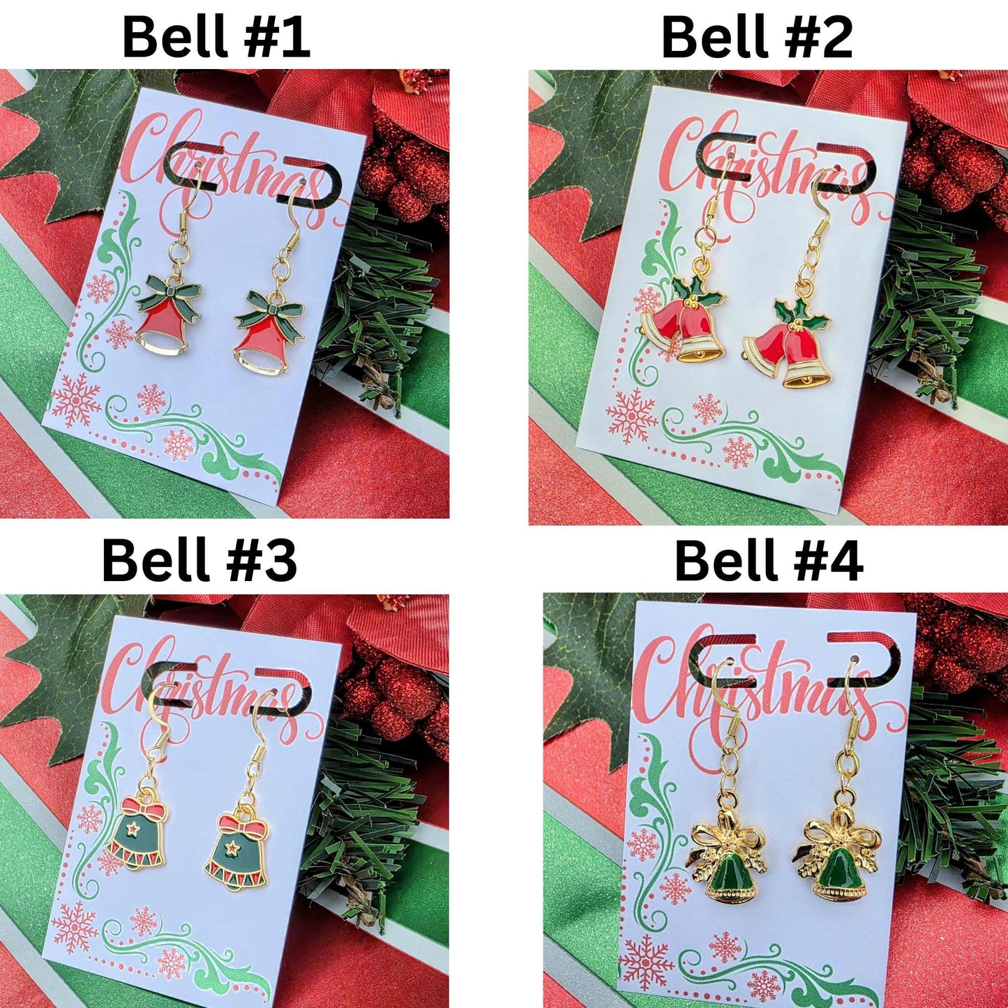 Christmas Bell Earrings, Red & Gold Holiday Dangle Earrings, Festive Gift for Her, Lightweight Enamel Jewelry, Gold Christmas Bells