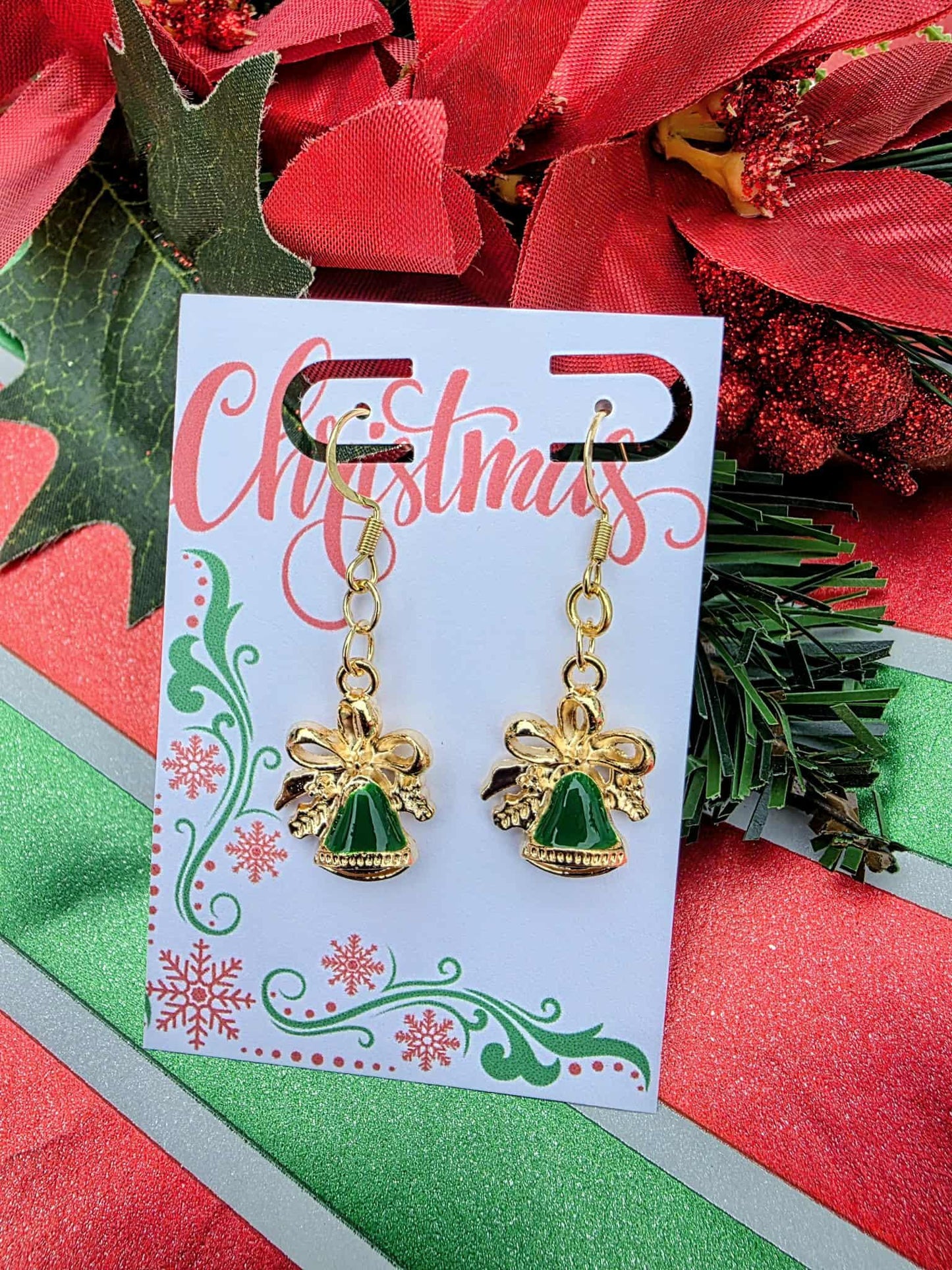 Elegant Green & Gold Christmas Bell Earrings - Festive Holiday Dangle Earrings • Holiday Jewelry Gift for Her • Christmas Party Earrings